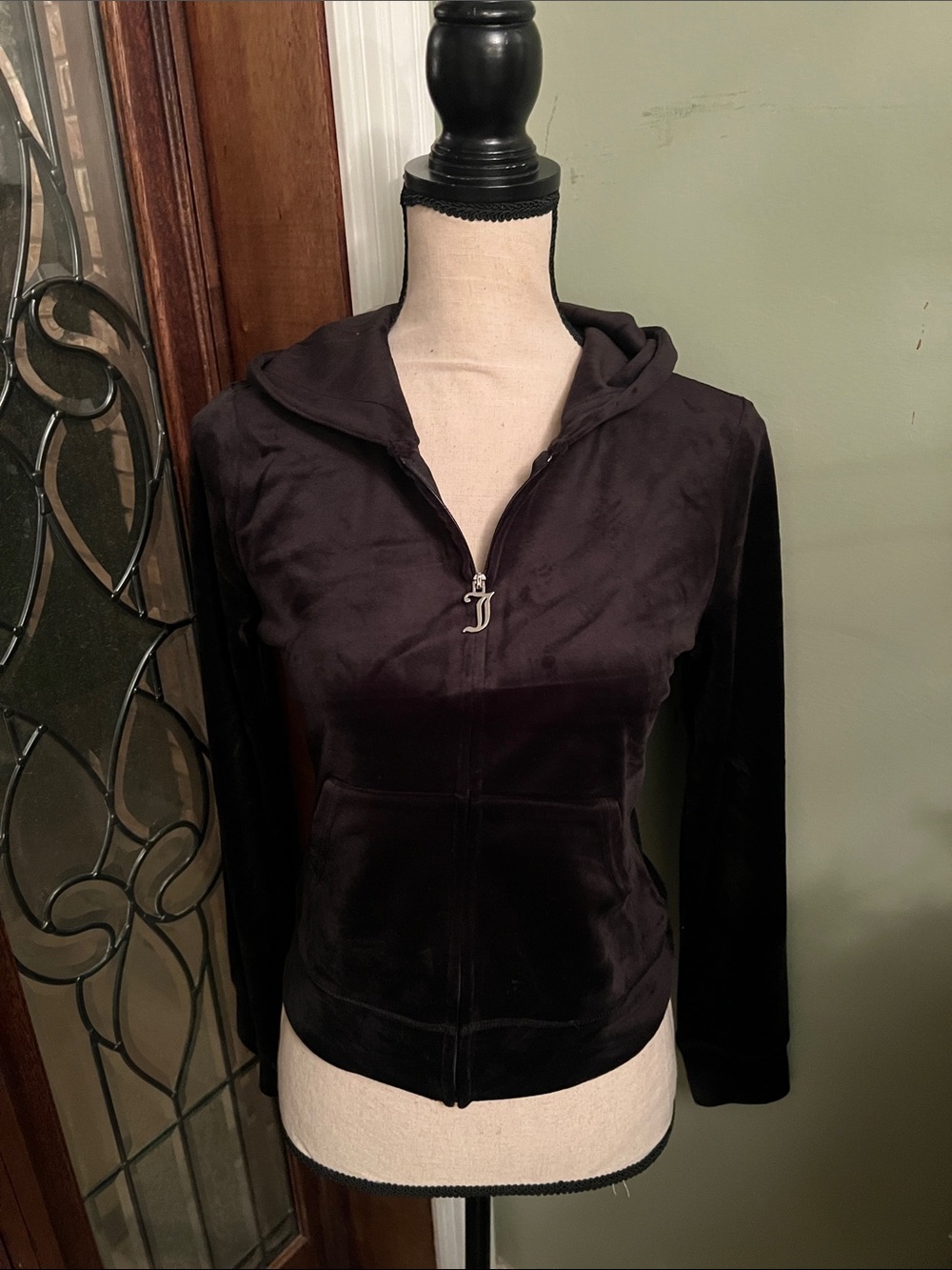Juicy Couture Black Velour Hooded Zip Jacket with J-Pull